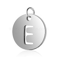 304 Stainless Steel Charms, Flat Round with Letter, Stainless Steel Color, Letter.E, 12x1mm, Hole: 2.5mm(STAS-S105-T514S-E)