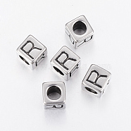 304 Stainless Steel Large Hole Letter European Beads, Cube with Letter.R, Antique Silver, 8x8x8mm, Hole: 5mm(STAS-H428-01AS-R)