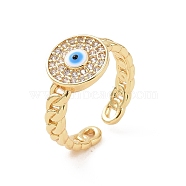 Real 18K Gold Plated Brass Micro Pave Cubic Zirconia Open Rings, Enamel Evil Eye Cuff Rings for Women, White, 4mm, Inner Diameter: US Size 6 3/4(17mm)(RJEW-J017-VC281)