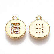 Brass Cubic Zirconia Charms, Flat Round with Letter, Nickel Free, Real 18K Gold Plated, Clear, Letter.E, 12x10x2mm, Hole: 1mm(KK-T038-194G-E)