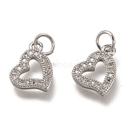 Brass Micro Pave Clear Cubic Zirconia Charms, Cadmium Free & Lead Free, Long-Lasting Plated, Heart, Platinum, 9x12x2mm, Hole: 3mm(ZIRC-B002-60P)