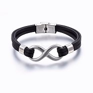 Leather Cord Bracelets, with 201 Stainless Steel Clasp, Infinity, Black, 8-1/4 inch(21cm), 8~18x4~8mm(BJEW-E345-04B)