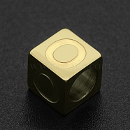 201 Stainless Steel European Beads, Large Hole Beads, Horizontal Hole, Cube, Golden, Letter.O, 7x7x7mm, Hole: 5mm(STAS-N090-LA063-O)