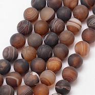 Natural Striped Agate/Banded Agate Bead Strands, Round, Grade A, Frosted, Dyed & Heated, Coconut Brown, 8mm, Hole: 1mm, about 47pcs/strand, 15 inch(G-K166-12-8mm-04)