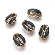 Electroplated Cowrie Shell Beads, with Enamel, Undrilled/No Hole Beads, Golden, Black, 18~22x13~15x7~8mm(BSHE-G019-01G-F)