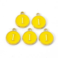 Golden Plated Alloy Enamel Charms, Enamelled Sequins, Flat Round with Letter, Gold, Letter.I, 14x12x2mm, Hole: 1.5mm(ENAM-S118-09I)