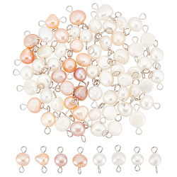 60Pcs 2 Colors Natural Freshwater Pearl Connector Charms, with Stainless Steel Color Plated 304 Stainless Steel Loops, Nuggets Links, Mixed Color, 14x6~8x3.5~5.5mm, Hole: 1.5~2.5mm, 30pcs/color(STAS-UN0046-58)