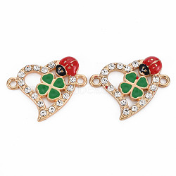 Alloy Links Connectors, with Enamel and Crystal Rhinestone, Light Gold, Heart with Ladybird, Sea Green, 18x23x3mm, Hole: 1.8mm(PALLOY-N153-04-RS)