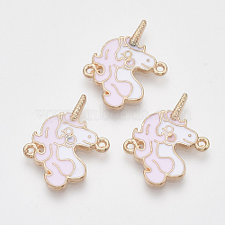 Light Gold Tone Alloy Links connectors, with Enamel, Unicorn, Pearl Pink, 24x19x2mm, Hole: 1.2mm(PALLOY-T072-002LG)