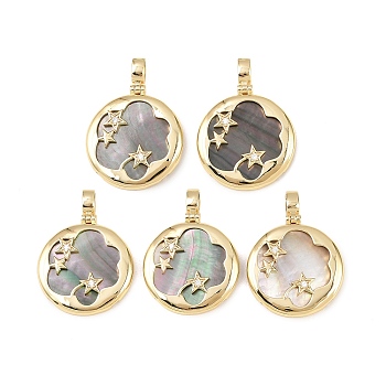 Brass Micro Pave Cubic Zirconia with Natural Black Lip Shell Pendants, Round with Star Charms, Rack Plating, Long-Lasting Plated, Cadmium Free & Lead Free, Real 18K Gold Plated, 37x28x6mm, Hole: 3x5mm