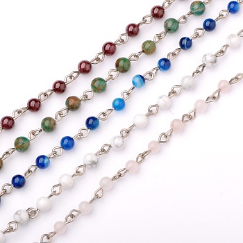 Handmade Gemstone Beads Chains for Necklaces Bracelets Making, with Iron Eye Pin, Unwelded, Platinum, Mixed Stone, 39.3 inch