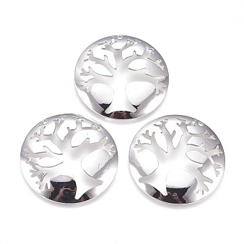 Brass Pendants, Nickel Free, Flat Round with Tree, Real Platinum Plated, 40x3mm, Hole: 2mm