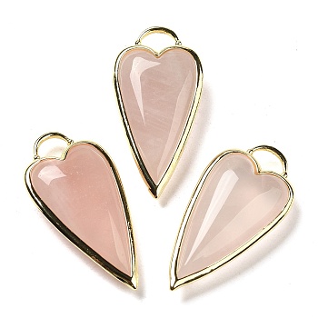 Natural Rose Quartz Pendants, Rack Plating Brass Heart Charms, Golden, 38x19x7.3~7.8mm, Hole: 4.7x6.5mm
