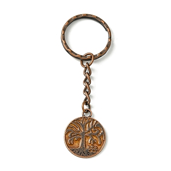 Iron Split Keychains, with Alloy Pendants, Tree of Life Charms,, Red Copper, 7.3cm.