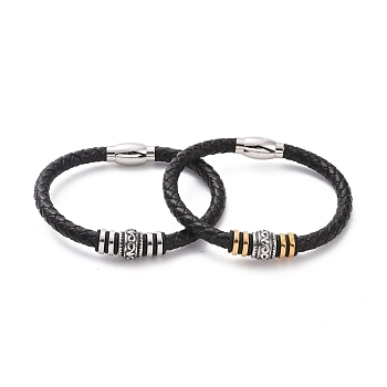 304 Stainless Steel Column Beaded Bracelet with Magnetic Clasps, Black Leather Braided Cord Punk Wristband for Men Women, Mixed Color, 8-1/2 inch(21.5cm)