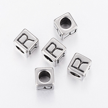 304 Stainless Steel Large Hole Letter European Beads, Cube with Letter.R, Antique Silver, 8x8x8mm, Hole: 5mm