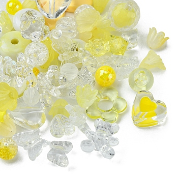 Opaque & Transparent Acrylic Beads, Mixed Shapes, Yellow, 7.5~33x7.5~43.5x4.5~16mm, Hole: 1.2~4mm, about 50g/bag