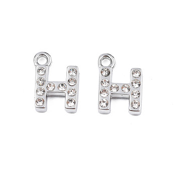 304 Stainless Steel Charms, with Crystal Rhinestone, Letter, Letter.H, 10~10.5x2~8x2mm, Hole: 1.2mm