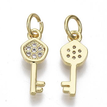 Brass Micro Pave Cubic Zirconia Charms, with Jump Rings, Nickel Free, Key, Clear, Real 16K Gold Plated, 14x5.5x1.5mm, Hole: 3mm