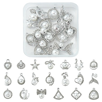 20Pcs 20 Style Alloy Crystal Rhinestone Pendants, with ABS Plastic Imitation Pearl Beaded, Crown & Deer & Star & Flower & Heart & Moon & Bowknot & Fishtail Charms, Platinum, 17~26x12.5~18.5x4.5~10mm, Hole: 1.6~2.5mm, 1Pc/style