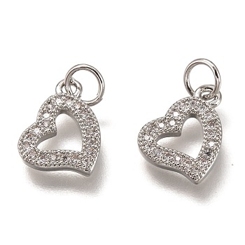 Brass Micro Pave Clear Cubic Zirconia Charms, Cadmium Free & Lead Free, Long-Lasting Plated, Heart, Platinum, 9x12x2mm, Hole: 3mm