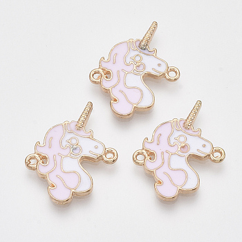 Light Gold Tone Alloy Links connectors, with Enamel, Unicorn, Pearl Pink, 24x19x2mm, Hole: 1.2mm