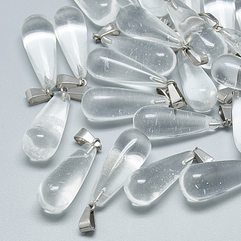Synthetic Quartz Crystal Pendants, with Stainless Steel Snap On Bails, teardrop, 28~30x10~12mm, Hole: 6x4mm