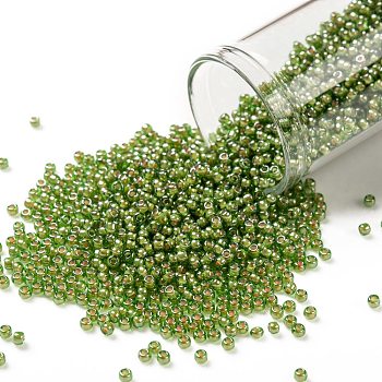 TOHO Round Seed Beads, Japanese Seed Beads, (1046) Inside Color Luster Peridot/Opaque White Lined, 11/0, 2.2mm, Hole: 0.8mm, about 1110pcs/10g