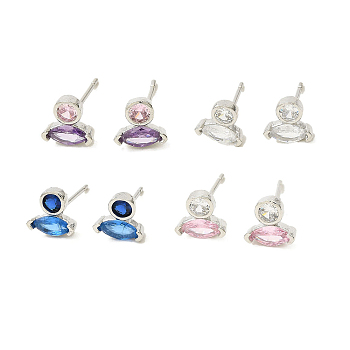 Platinum Brass Horse Eye Stud Earrings, with Cubic Zirconia, Long-Lasting Plated, Lead Free & Cadmium Free, Mixed Color, 7x6.5mm