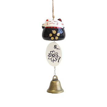 Fortune Lucky Cat Porcelain Wind Chines, Outdoor, Home Hanging Decorations with Iron Bell and Sunflower Pattern Charms, Black, 280~310mm
