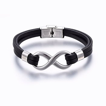 Leather Cord Bracelets, with 201 Stainless Steel Clasp, Infinity, Black, 8-1/4 inch(21cm), 8~18x4~8mm