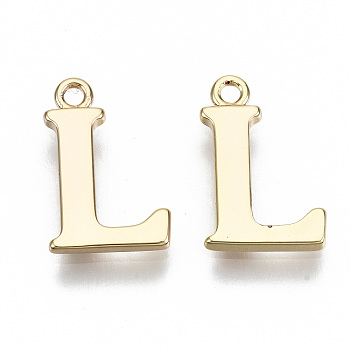 Brass Charms, Nickel Free, Letter, Real 18K Gold Plated, Letter.L, L: 13x9x1mm, Hole: 1.2mm