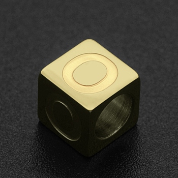 201 Stainless Steel European Beads, Large Hole Beads, Horizontal Hole, Cube, Golden, Letter.O, 7x7x7mm, Hole: 5mm