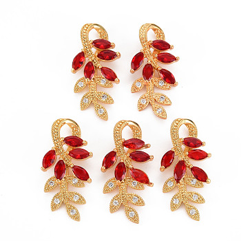 Rack Plating Brass Micro Pave Clear Cubic Zirconia Pendants, with Faceted Glass, Long-Lasting Plated, Cadmium Free & Lead Free, Leaf, Red, 28~29x13.5x5mm, Hole: 4x5mm