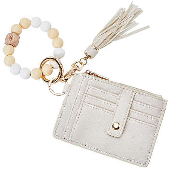 Rectangle Imitation Leather Coin Bags, Change Purse, with Silicone Beads Strap Tassel, Antique White, 24cm