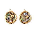 304 Stainless Steel Pave Natural Paua Shell Pendants, Golden, Flat Round with Starfish, 19x15.5x3mm, Hole: 1.5mm(STAS-Z145-07G-03B)