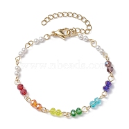 7 Chakra Faceted Glass & 3mm Round Shell Pearl Link Bracelets for Women, Colorful, 6-3/4 inch(17.3cm)(BJEW-JB10379)