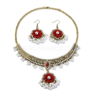 ABS Plastic Pearl & Rhinestone Oval Jewelry Set, Golden Alloy Bib Necklace & Chandelier Earrings, Red, 415mm, 61x32mm(SJEW-D011-01A-G)