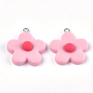 Resin Pendants, with Platinum Plated Iron Findings, Flower, Pink, 23~24x20~22x9~10mm, Hole: 2mm(X-RESI-Q207-02E)