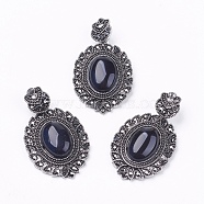 Natural Black Agate Gothic Pendants, with Antique Silver Plated Zinc Alloy Rhinestone Findings, Oval, Lead Free & Nickel Free, Total Length: 47~48.5mm, Hole: 5x7mm, Oval Pendant: 39~40x27~27.5x7.5~9mm(G-F228-18M-FF)