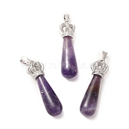Natural Amethyst Pendants, Teardrop Charms, with Brass Crystal Rhinestone Crown Findings, Platinum, Cadmium Free & Lead Free, 36~39x9.5~11mm, Hole: 5x8mm(G-G976-01P-12)