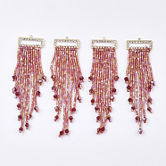 Tassel Big Pendants, with Glass Beads, Crystal Rhinestone and Golden Plated Brass Findings, FireBrick, 85~97x24mm, Hole: 1.2mm(FIND-S319-22D)