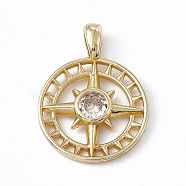 Rack Plating Brass Cubic Zirconia Pendants, Flat Round with Sun Charm, Long-Lasting Plated, Lead Free & Cadmium Free, Real 18K Gold Plated, 30.5x22.5x4.3mm, Hole: 6x3.2mm(KK-M236-15G)