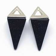 Synthetic Blue Goldstone Pendants, with Alloy Findings, Triangle, Platinum, 34x14x14.5mm, Hole: 4x6mm(X-KK-E757-D-12P)