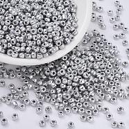 Electroplate Glass Seed Beads, Round Hole Rocailles, Platinum Plated, 3.5~5.5x2.5~6.8mm, Hole: 1mm(SEED-Q005-P)