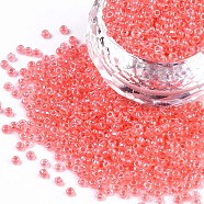 12/0 Glass Seed Beads, Transparent Inside Colours Luster, Round Hole, Round, Pale Violet Red, 12/0, 2~2.5x1.5~2mm, Hole: 0.8mm, about 30000pcs/bag(SEED-A015-2mm-2211)