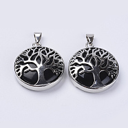 Natural Dyed Black Agate Pendants, with Platinum Plated Brass Findings, Flat Round with Tree of Life, 31x27x8mm, Hole: 3.5x7mm(G-P350-D05)