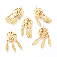 5Pcs Brass Pendants, Woven Net/Web with Feather, Real 18K Gold Plated, 26x12x1.3mm, Hole: 3.4mm(KK-SZ0004-78)