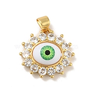 Brass Micro Pave Cubic Zirconia Pendants, with Acrylic, Cadmium Free & Lead Free, Long-Lasting Plated, Evil Eye, Real 18K Gold Plated, Green, 18x18.5x6mm, Hole: 4x3.5mm(KK-B059-45G-D)