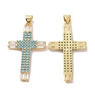 Brass Micro Pave Cubic Zirconia Pendants, Religion Cross Charm, Real 18K Gold Plated, 38x22x2.5mm, Hole: 3.5x4mm(ZIRC-I063-01G)